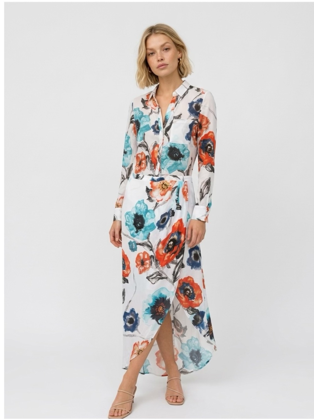 Haute hippie floral Print Shirt Dress in White with Blue & Orange Flowers